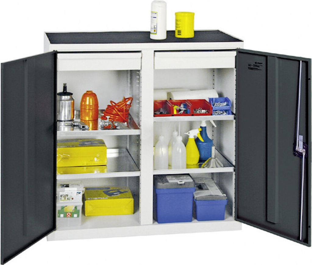 Werkzeugschrank mit 2 Türen | HxBxT 100x100x50cm | 2 Schubladen & 4 verzinkte Fachböden | Lichtgrau/Anthrazitgrau