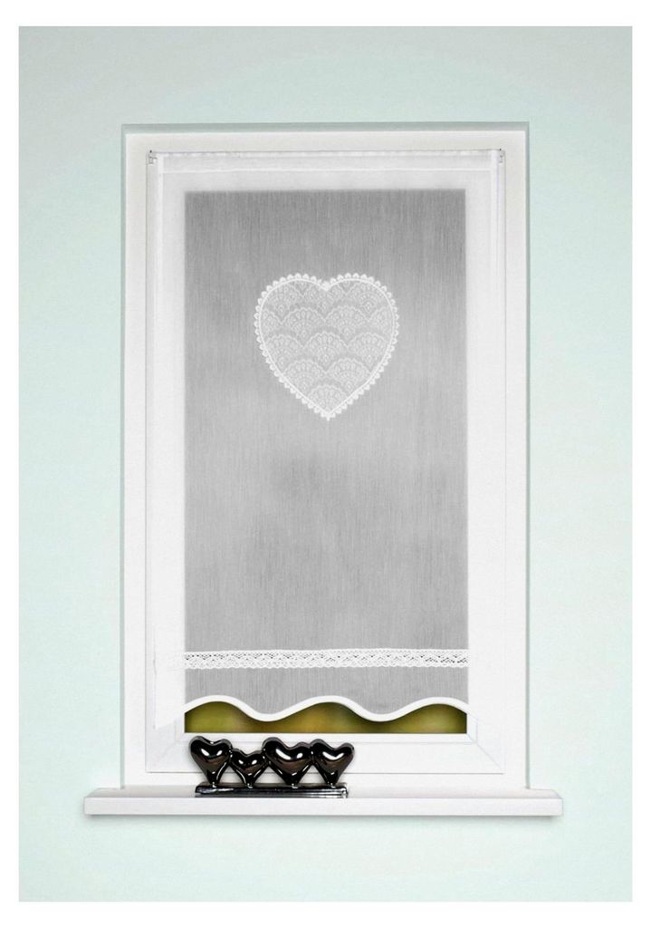 Corazon, Fenster-/Türbehang aus Batist mit gebogtem Abschluss und Häkelborte, Farbe: Weiß, Maße (h x b): (100 x 90 cm)