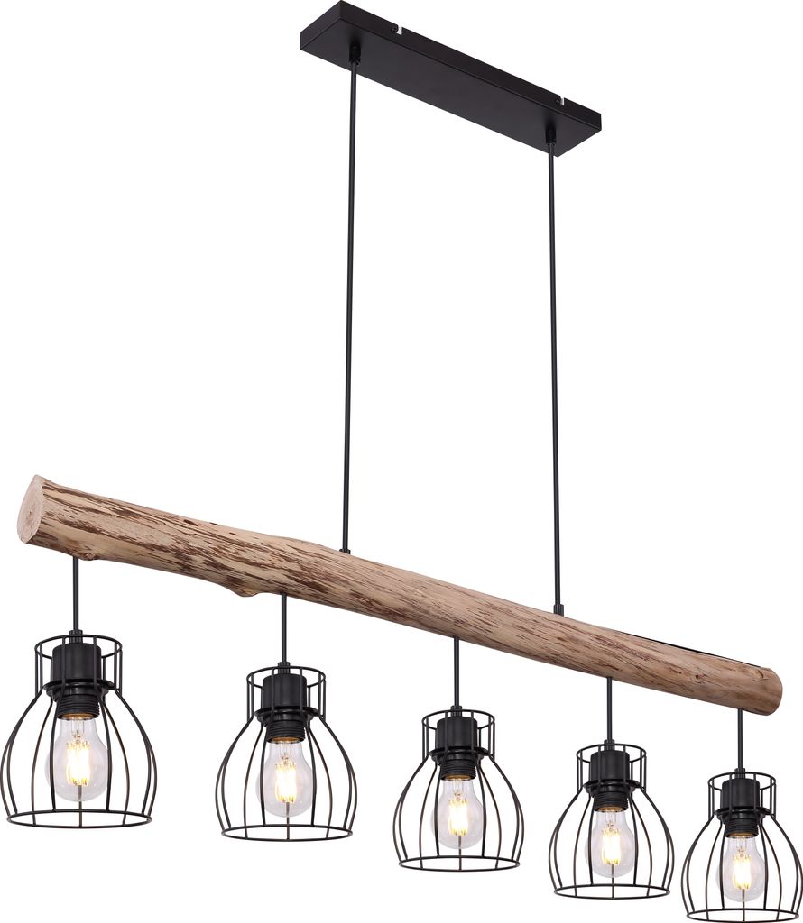 A five-light pendant chandelier with a natural wood beam and black metal cage shades.