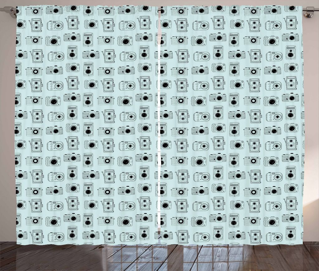 ABAKUHAUS Kamera Rustikaler Gardine, Weinleseartentwurf auf Blau, Schlafzimmer Kräuselband Vorhang mit Schlaufen und Haken, 280 x 175 cm, Blassbla...