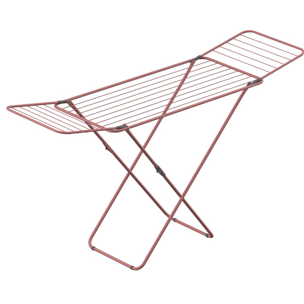 A pink drying rack is shown against a white background.