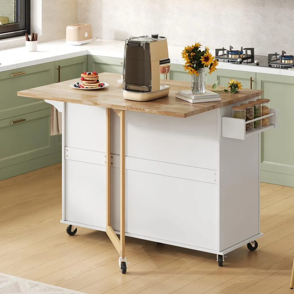 Desserte de cuisine mobile en chêne avec plateau extensible et rangements