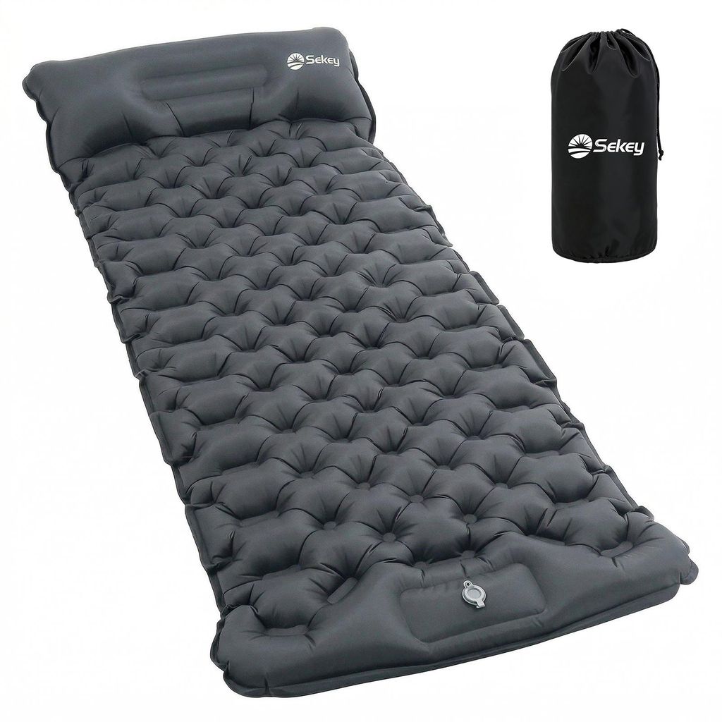 Sekey Selbstaufblasende Isomatte 200×70 cm mit Fußpumpe, 10 cm Dicke Luftmatratze Camping mit 14 cm Kopfkissen, Grau