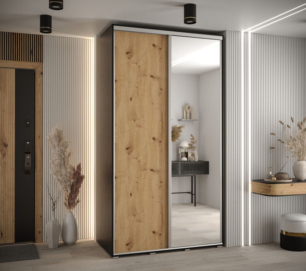 Kleiderschrank YVONA 3 – 130/60 cm, Schwarz/Eiche handwerklich/Silber