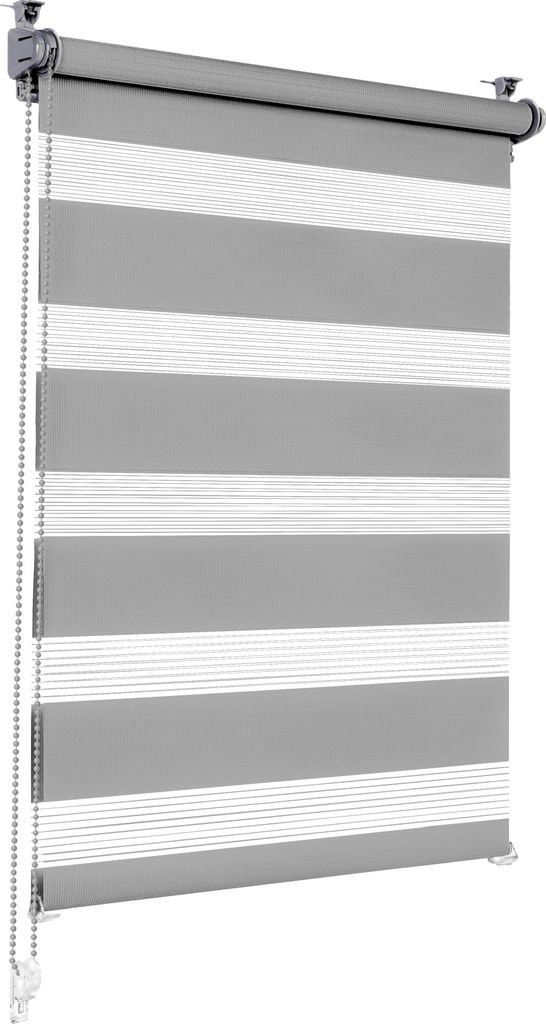 A close-up, studio shot of a grey and white striped roller blind hanging vertically.
