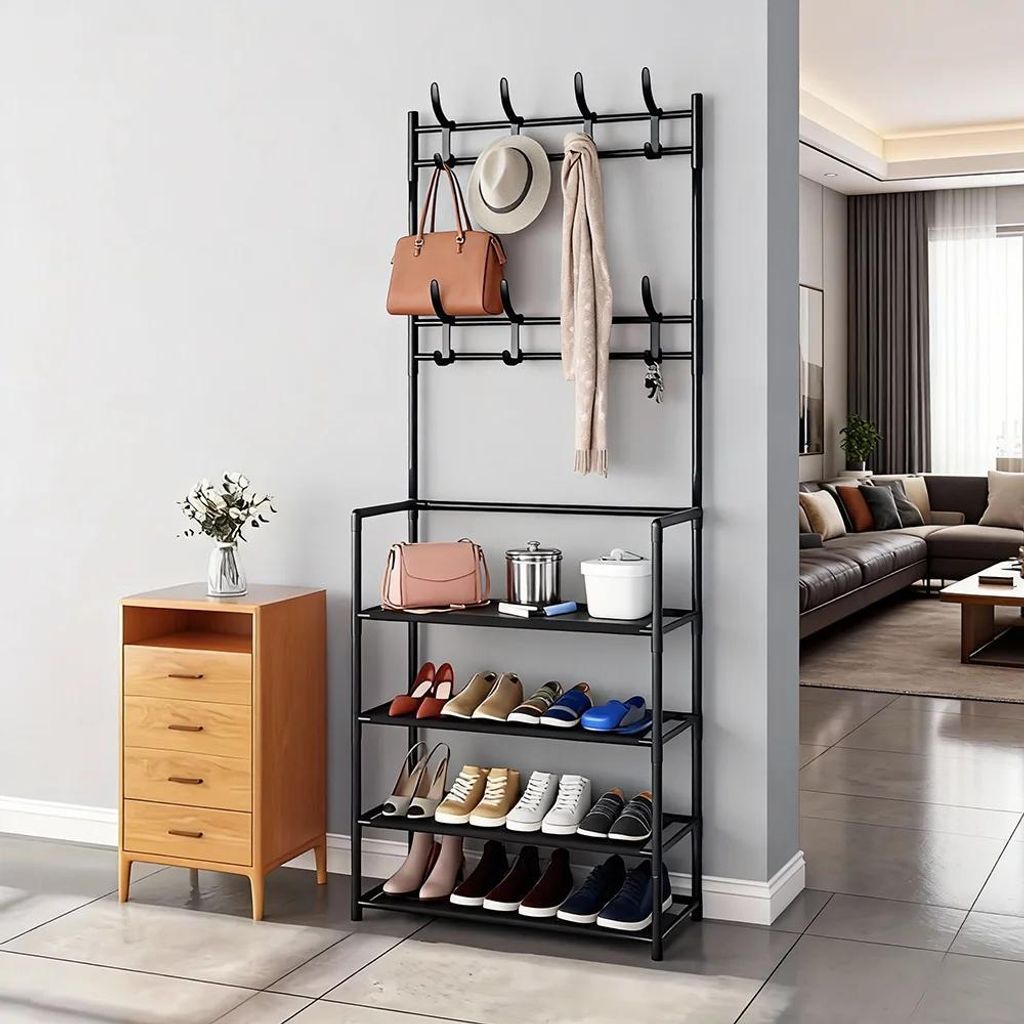 Schuhregal & Hutablage - 4-stöckiges Standregal - Metallrahmen - Ablagen aus Vliesstoff - Für Flur/Wohnzimmer - DIY-Montage - Mehrfarbig