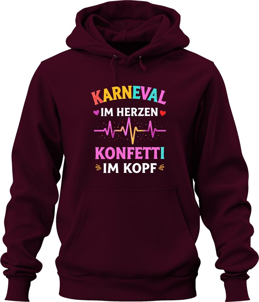 Karneval im Herzen Konfetti im Kopf Fasching Geschenk lustig bunt Uni Hoodie Kapuzenpullover, Burgundy, L
