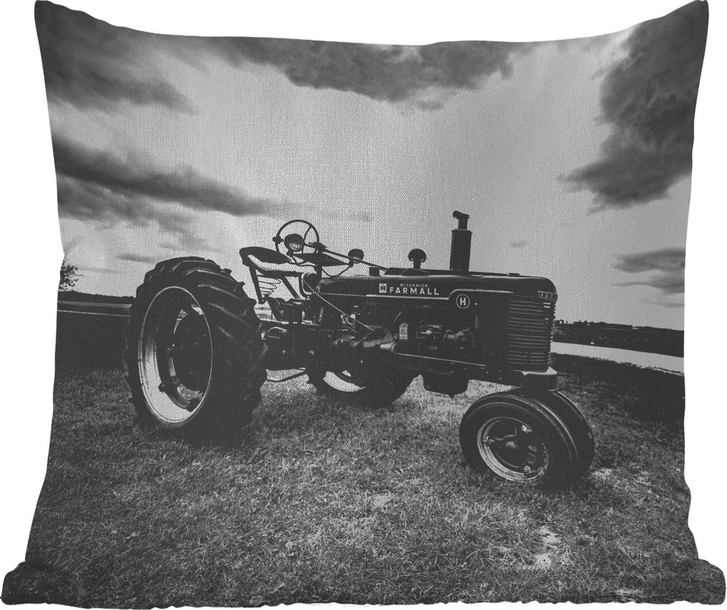 MuchoWow Outdoor Kissen - Traktor - Schwarz - Weiß - Bauernhof - Vintage - 40x40 cm - Wetterfest - Lounge Kissen - Kopfkissen - Interieur - Pols...