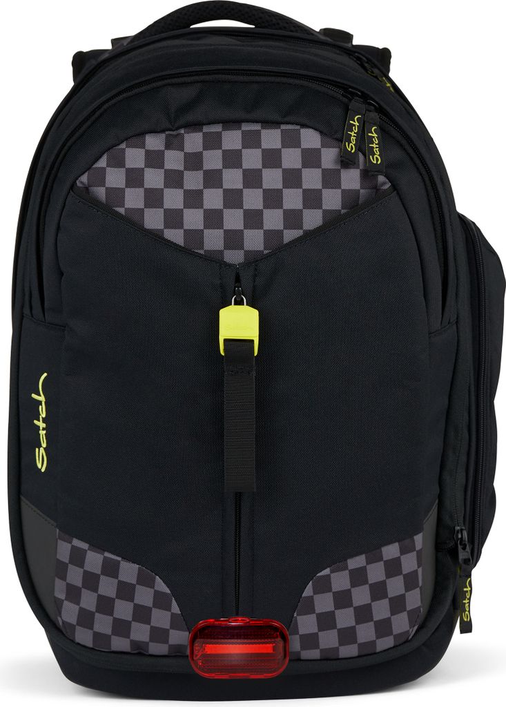 A black backpack with a checkered pattern and yellow accents.