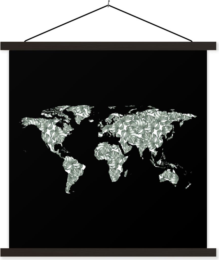MuchoWow Textilposter Weltkarte - Pflanzen - Schwarz 60x60 cm mit schwarzem Rahmen - Posteraufhänger
