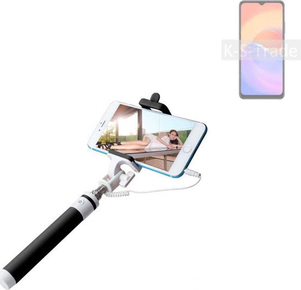 K-S-Trade Selfie Stick kompatibel mit ZTE Voyage 30S 5G Selfiestick kabelgebunden Monopod mit Kabel Stab Stange Selfportrait Handheldstick schwarz 1x