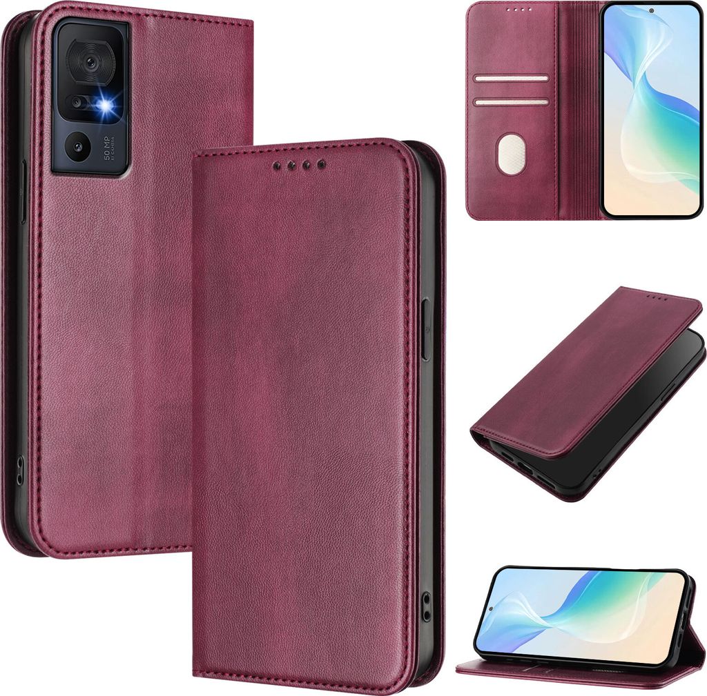 Handyhülle für TCL 40 SE, Vintage Leder RFID Schutz Kartenfach Standfunktion Magnetische Klapphülle Rot