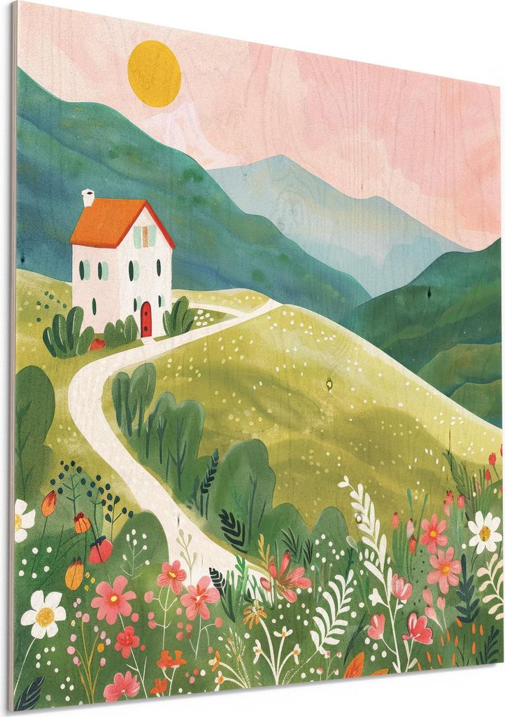 DEQORI Holzbild 50x50 cm 'Haus im Blütental' Bild auf Holz Wandbild Kunstdruck nachhaltig
