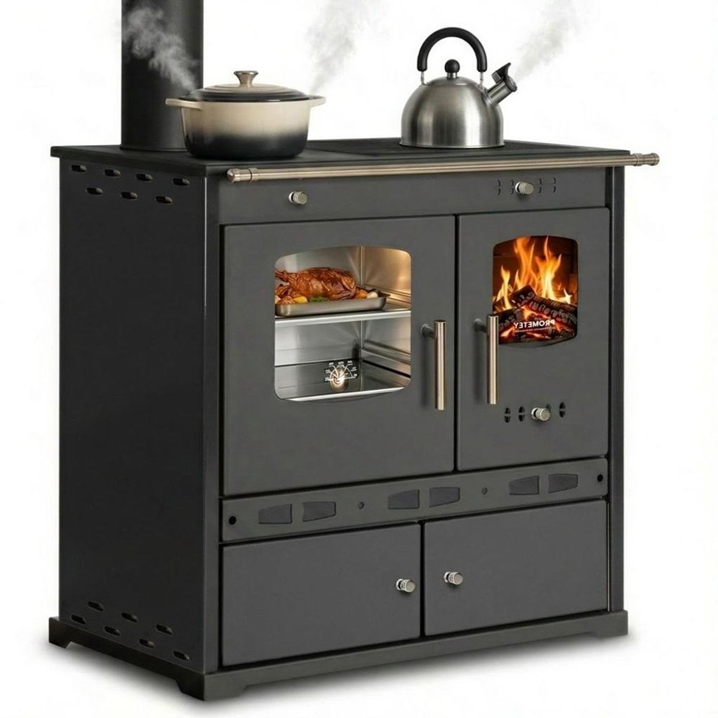Küchenofen Holzherd ECO LUX INOX, Edelstahlbackfach, schwarz, linke Version