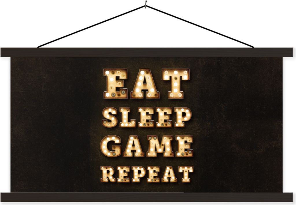 MuchoWow Textilposter Spiele - Spiele - Zitate - Sprichwörter - Eat sleep game repeat 90x45 cm mit schwarzem Rahmen - Klemmleisten