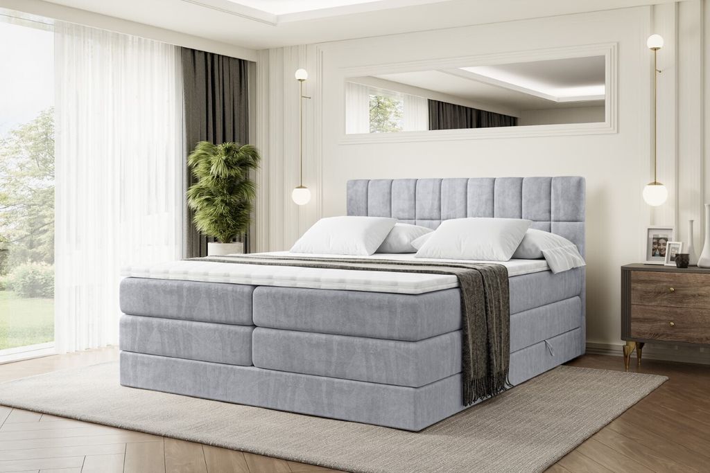 ALTDECOR Boxspringbett mit 2 Matratzen und Topper - 140x200 cm - MIAMI KING - Hellgrau Samt - Polsterbett mit, H3- und H4- Matratzen, Bettkasten un...