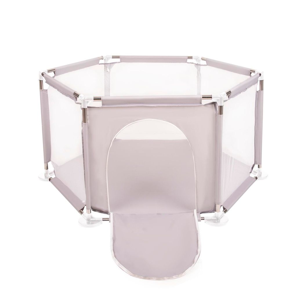 A hexagonal baby playpen with a flap door, shown from a slightly elevated front-diagonal angle against a white background.