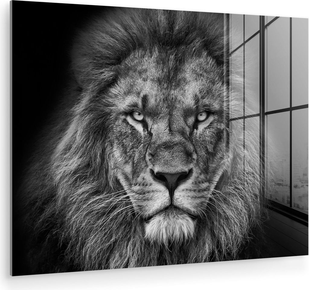 MuchoWow Glasbilder - Bilder auf Wandbild - Foto auf Glas Tiere - Löwe - Schwarz - Weiß - Porträt 40x30 cm Wanddekoration aus Glas - Acrylglasbi...