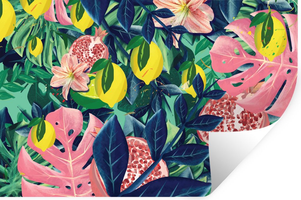 MuchoWow Wandtattoo Wandsticker Wandaufkleber Blumen - Früchte - Farben 120x80 cm Selbstklebend und Repositionierbar - Selbstklebend - Fototapeten