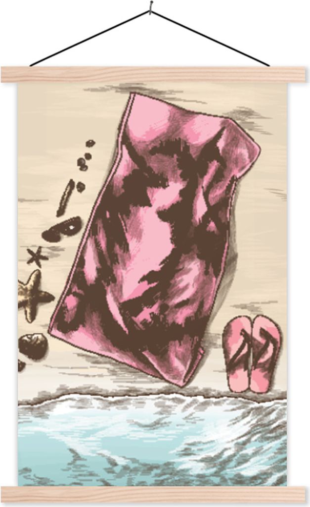 MuchoWow Textilposter Handtuch - Strand - Hausschuhe 60x90 cm mit holzfarbenen Rahmen - Textil