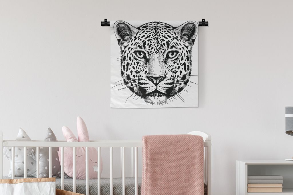 MuchoWow Wandteppich Wandbehang Panther - Schwarz - Weiß - Illustration 60x60 cm Tapisserie Dekoration Wandtuch - Dekorationen - Wand Decke