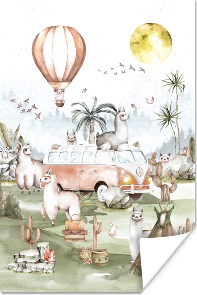 MuchoWow Poster Alpaka - Tiere - Kinder - Heißluftballon - Kinder 40x60 cm - Plakate für die Wand - Poster Babyzimmer