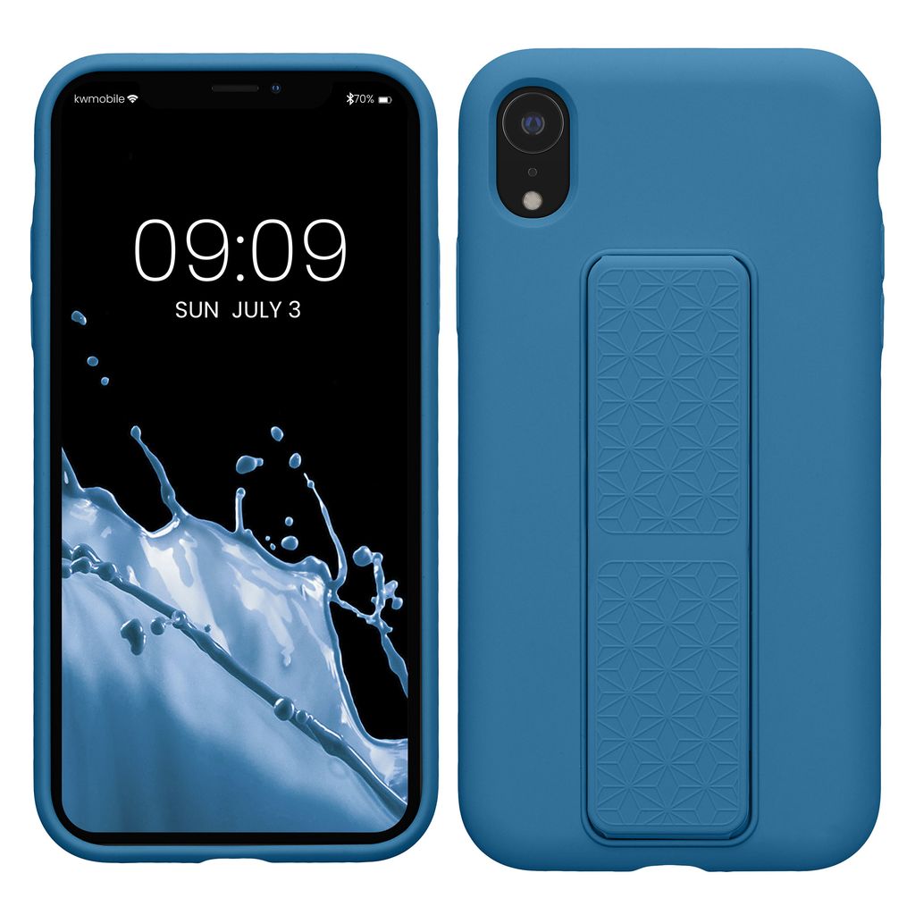 kwmobile Handyhülle kompatibel mit Apple iPhone XR - Hülle mit Fingerhalter und Standfunktion - Silikon Case Handy Cover in Karibikblau
