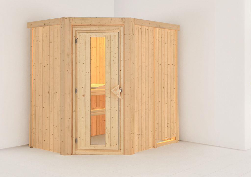 Karibu Sauna Innensauna Carin Eckeinstieg ohne Zubehör 196x151x198 cm ohne Dachkranz mit Energiespartür