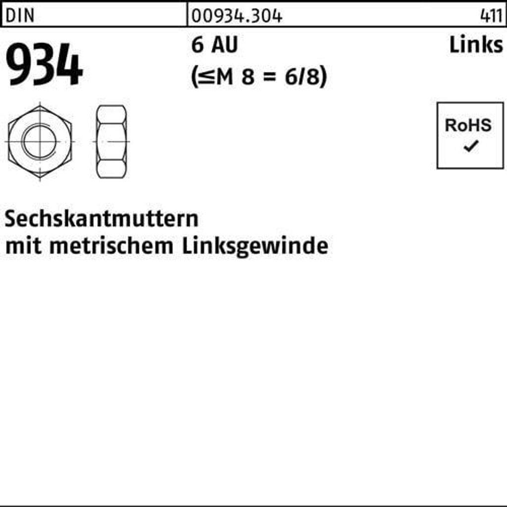 Reyher 934 6kt.Muttern links M 12 Stahl blank (100 Stück)