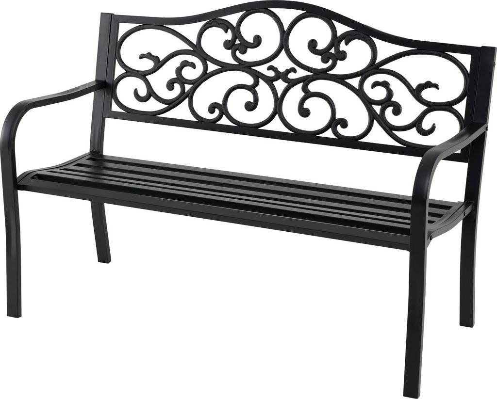 GOPLUS Gartenbank Metall, 2-3 Sitzer Parkbank wetterfest bis 300kg belastbar, Terrassenbank mit Rücklehne und Armlehne, 128 x 62 x 89 cm, Schwarz