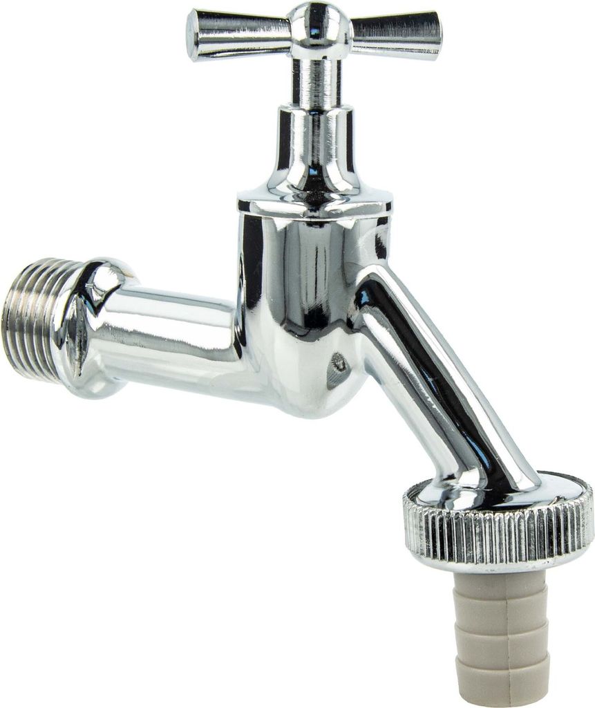 tecuro Auslaufventil 1/2 Zoll, Knebeloberteil, Schlauchtülle, Dichtband - Messing hochglanzverchromt