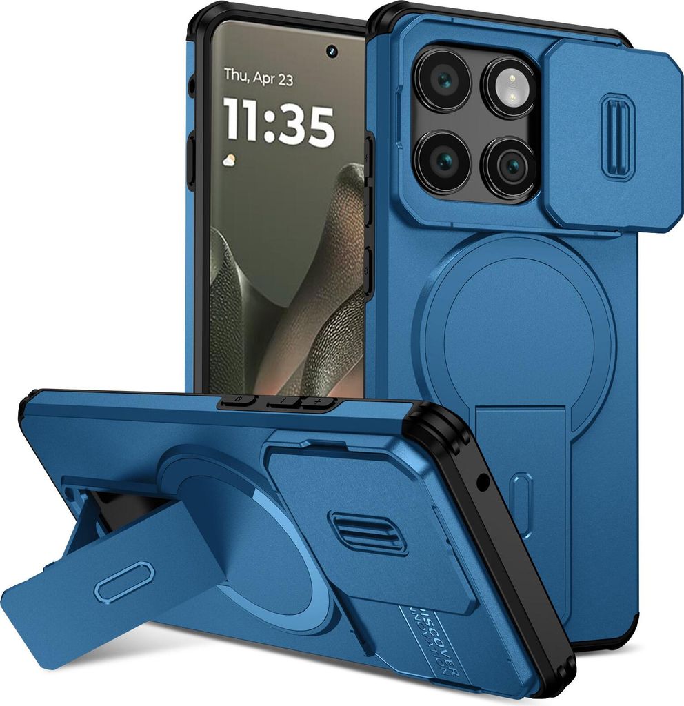 Magnetisch Hülle für Motorola Edge 2025, Dual Layer Stoßfest Handyhülle mit Dia Kameraschutz, Verstellbarem Ständer Blau