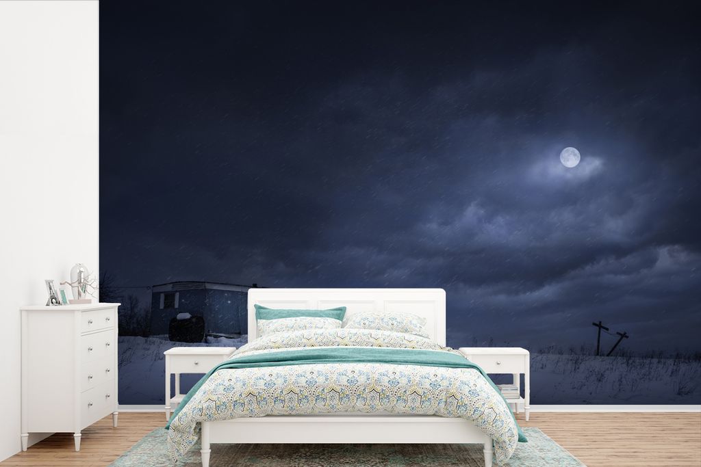 MuchoWow Fototapete für Wohnzimmer oder Schlafzimmer Wandtapete Vinyl Motivtapete Der Vollmond leuchtet in der Nacht durch die Wolken - 330x220 ...