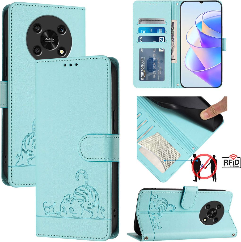 Leder Hülle für Honor X9 / X9 5G Süße Katze Flip Case Brieftasche Schutzhülle mit Standfunktion hellgrün
