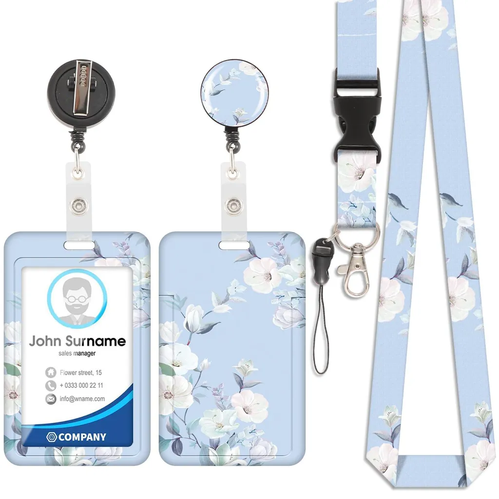 Porte-badge enrouleur avec tour de cou amovible et motif fleurs fraîches