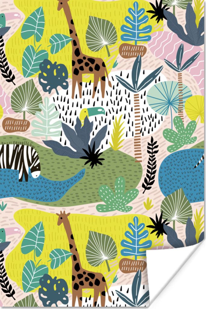 MuchoWow Poster Dschungel - Muster - Tiere - Pflanzen 20x30 cm - Papierdruck
