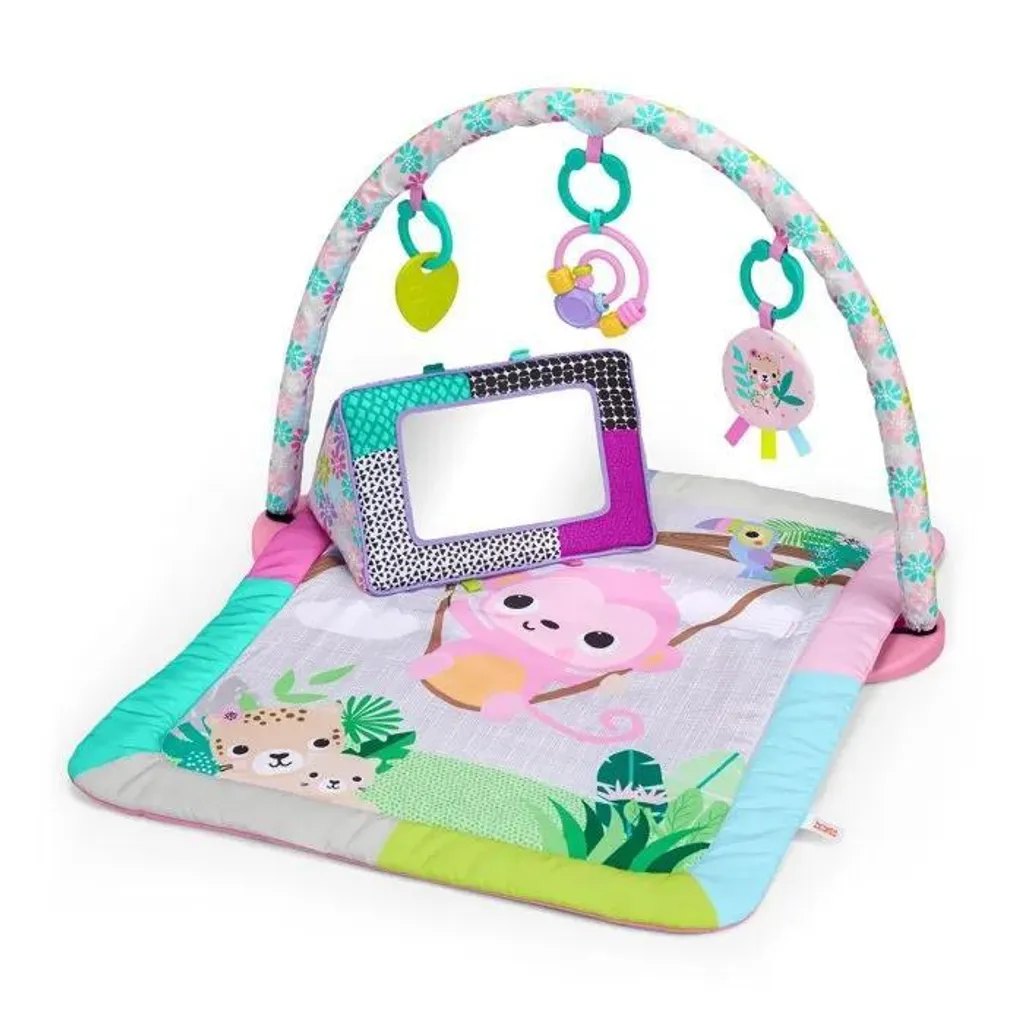 Petit Tapis d'Éveil Bébé Rose Gain de Place Pliable avec Jouets et Dentition