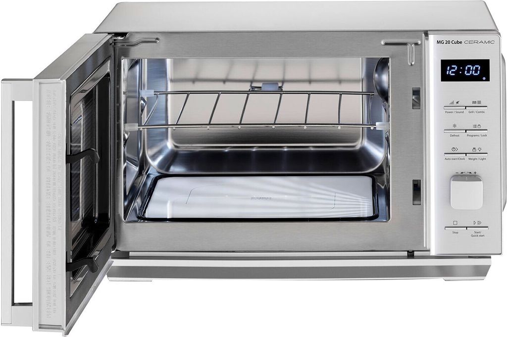 An open microwave oven with a grill rack inside, shown against a white background.