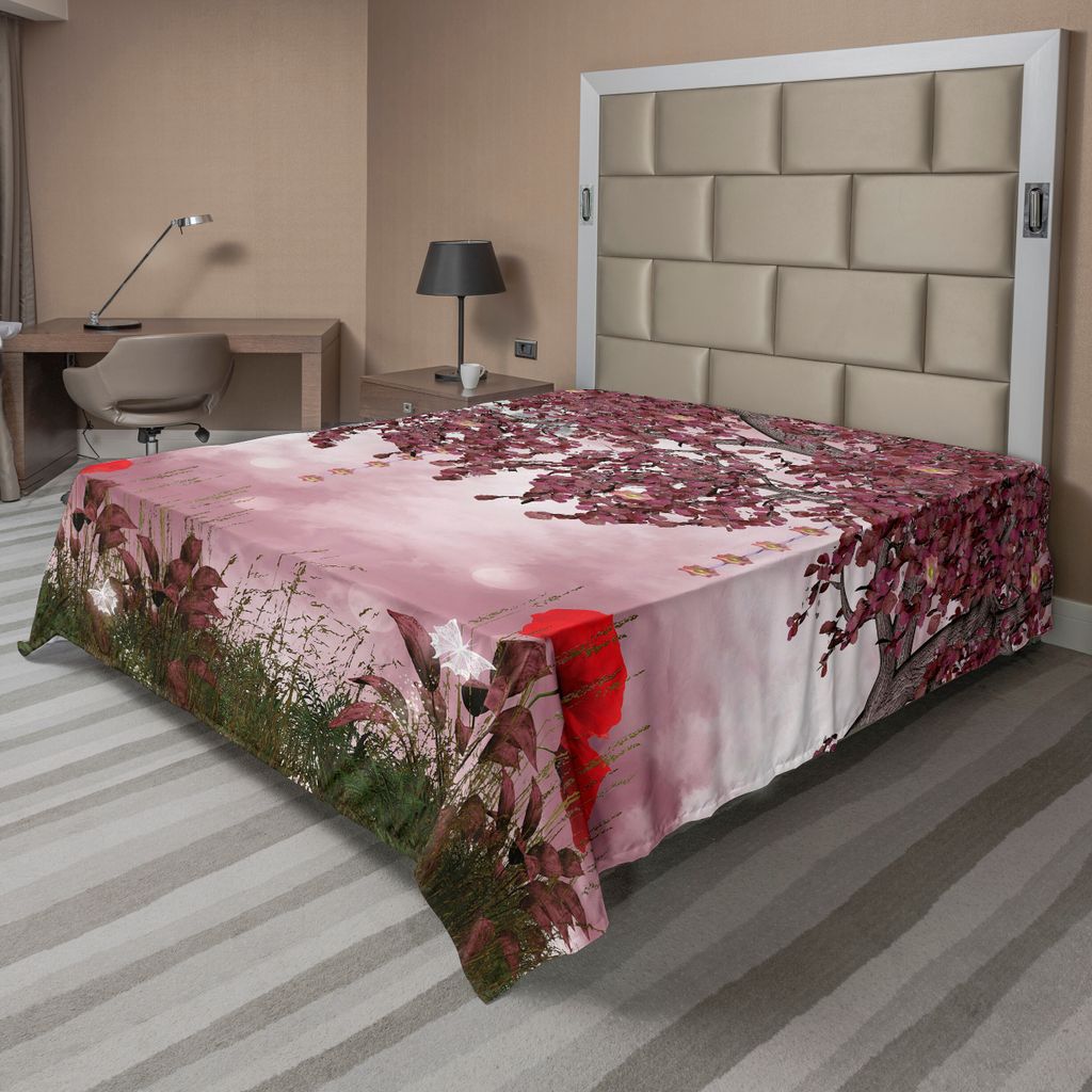 ABAKUHAUS Mohn Bettlaken, Traumgarten Mit Mohnblumen Vollmond Floral Tree Branches Märchen Paradies Landschaft, weiches bequemes oberes Bettlaken ...