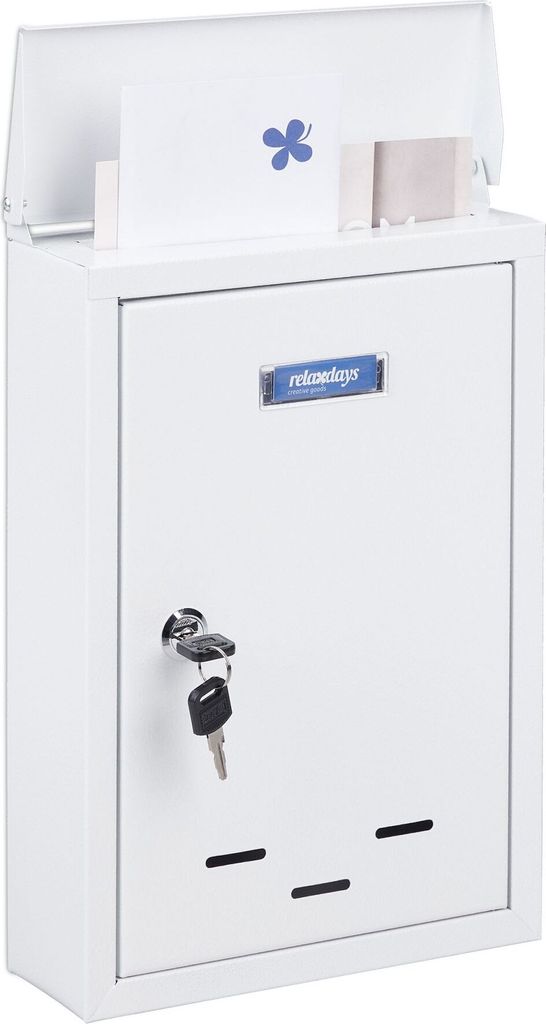 A white mailbox with a key and some letters inside.