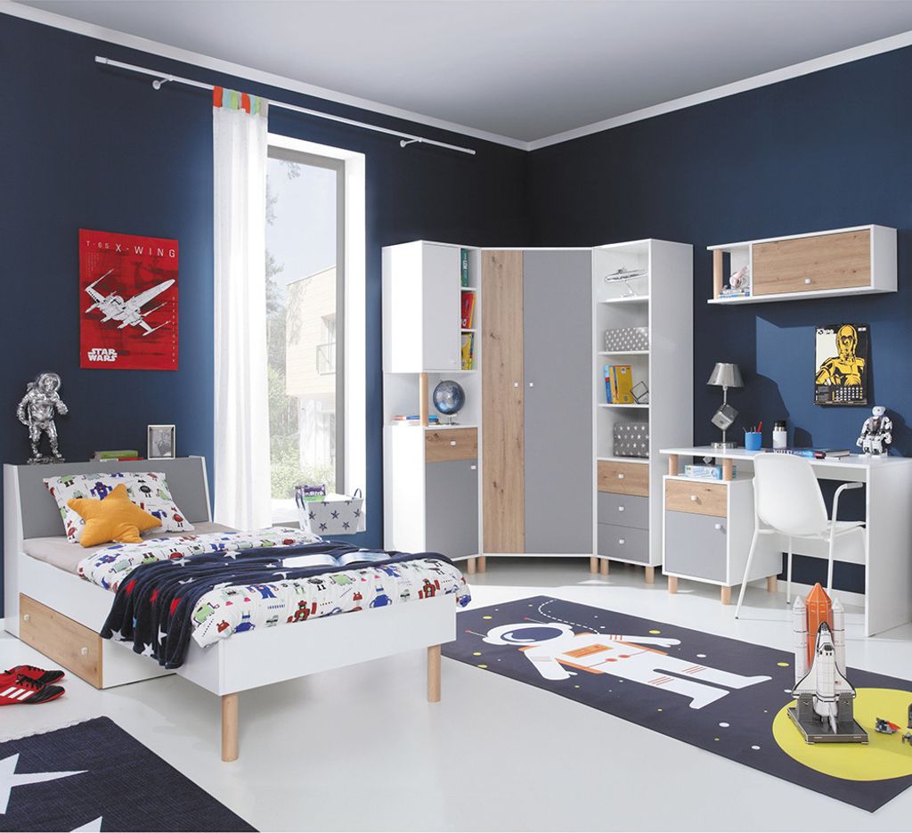 Jugendzimmer Set 6-teilig FAIRFAX-133 mit Jugendbett 90x200cm in weiß mit Eiche und grau