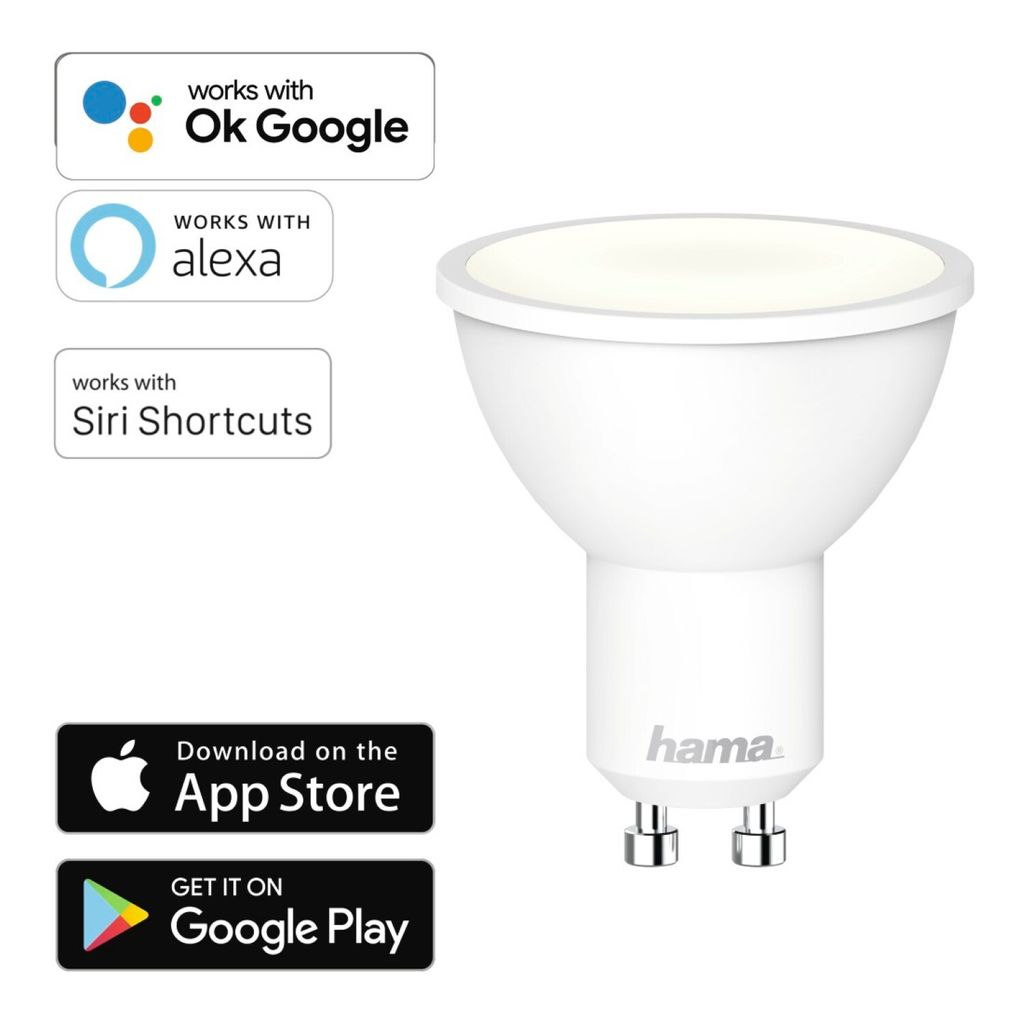 A white smart LED light bulb with various compatibility logos and app store download badges.