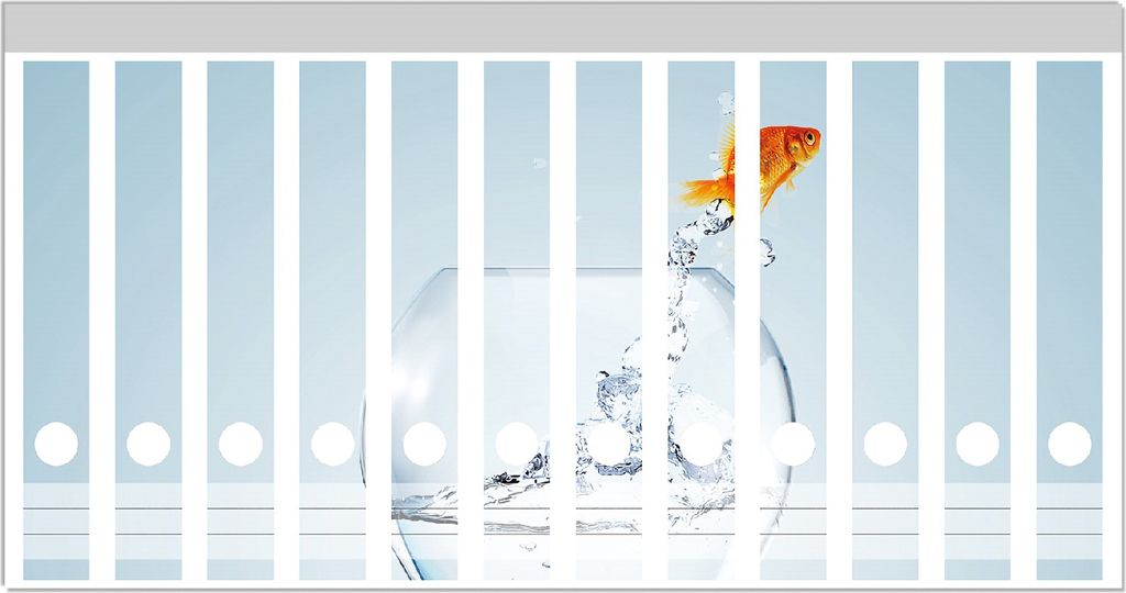 Wallario Ordnerrücken Sticker, selbstklebend für schmale Ordner, 12 Stück, Motiv Goldfisch springt aus Aquarium