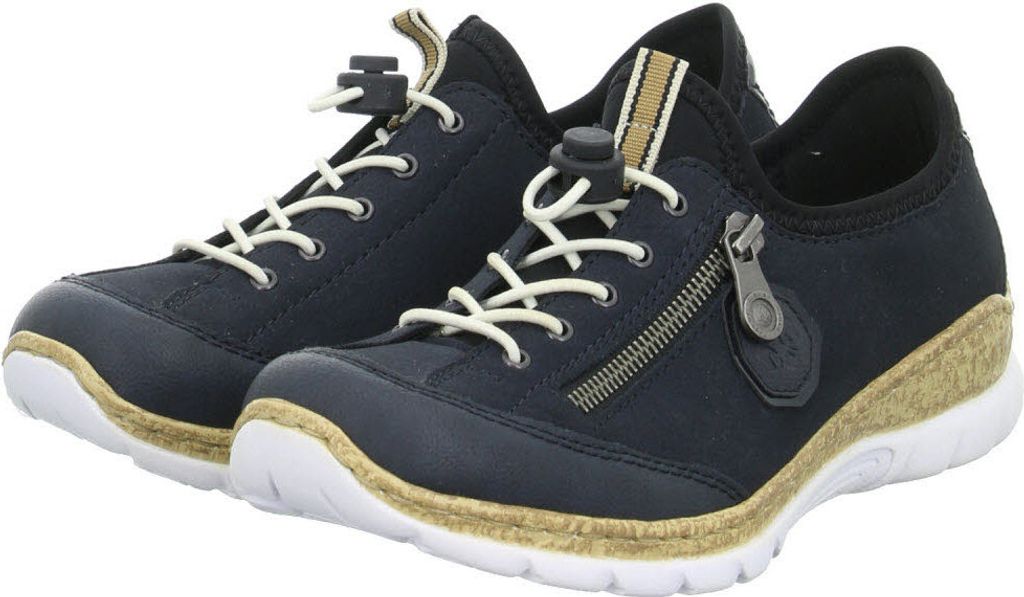 A pair of navy blue Rieker women's sneakers with white laces and a tan wedge sole.