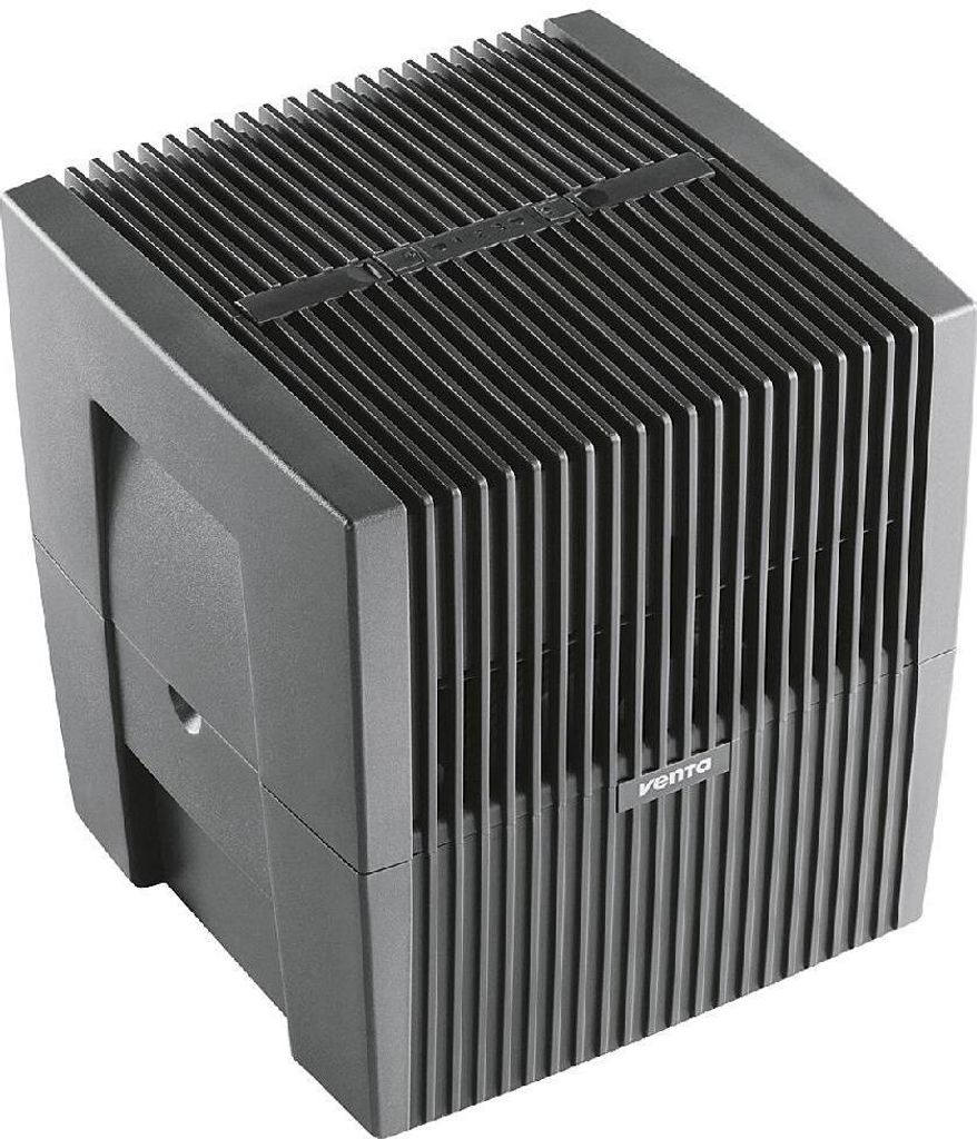 A dark gray air purifier with vertical slats on the front and top.