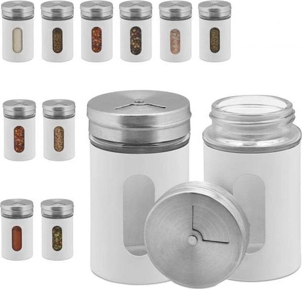 12-teiliges Gewürzdosen-Set aus Glas mit drehbarem Deckel, 3 Lochgrößen und Fenster