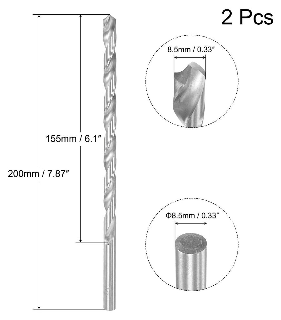 2 Stk HSS Spiralbohrer (Hochgeschwindigkeitsstahl) Extra lange Twist Bohrer 8,5mm Bohrdurchmesser 200mm L?nge