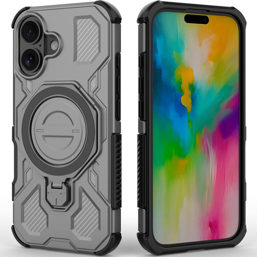 Robuste Handyhülle für iPhone 16 mit Ringhalter Ständer Stoßfest, Magnetisch, Dual-Layer Schutz Grau