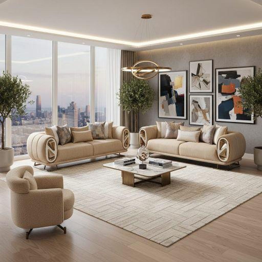 Sofa Set Big-Dubai Modernes 3-Sitzer + 3-Sitzer + Sessel aus Teddy-Stoff Spar-Set, 3-Sitzer + 3-Sitzer + Sessel Farbe: Teddystoff Cappuccino