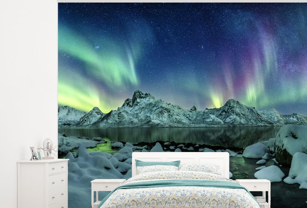 MuchoWow Fototapete für Wohnzimmer oder Schlafzimmer Wandtapete Vinyl Motivtapete Meer - Eis - Nordlicht - Winter - Natur - 325x260 cm - Tapete